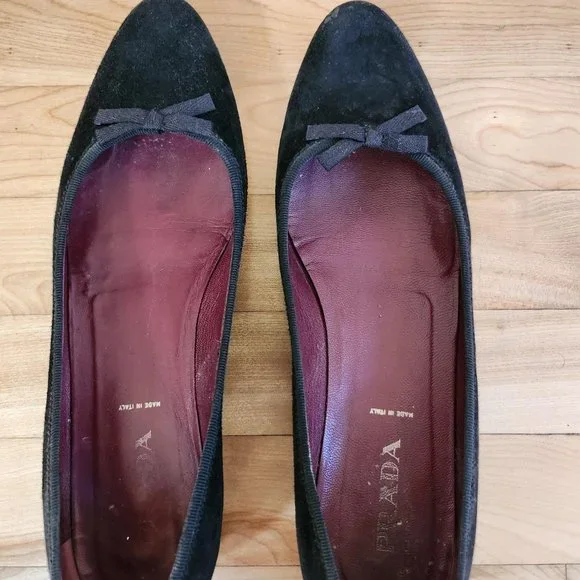 Prada - Black Suede Round-Toe Flats - Picture 3 of 8